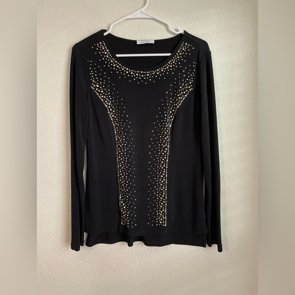 Calvin Klein Black Long Sleeve Embellished Blouse with Crew Neck size L - Picture 1 of 8